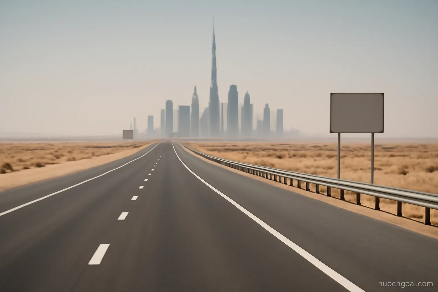 A new expressway cutting across flat desert toward a cluster of tall towers shimmering in heat haze