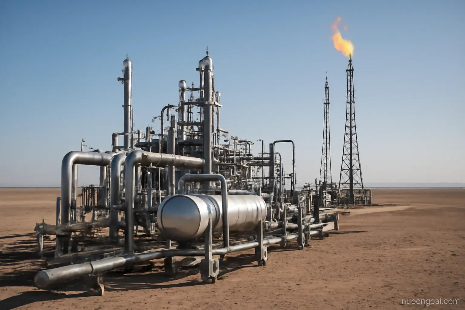 A gas processing plant of silver pipework and flare stacks standing alone on flat stony desert