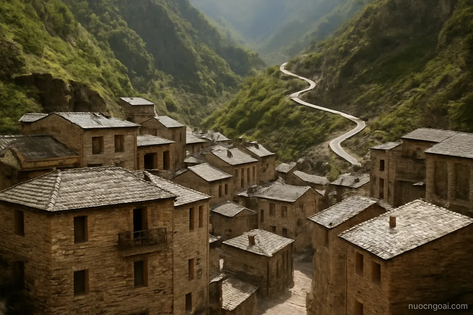 A narrow mountain valley town of stacked stone buildings with a switchback road climbing steeply behind