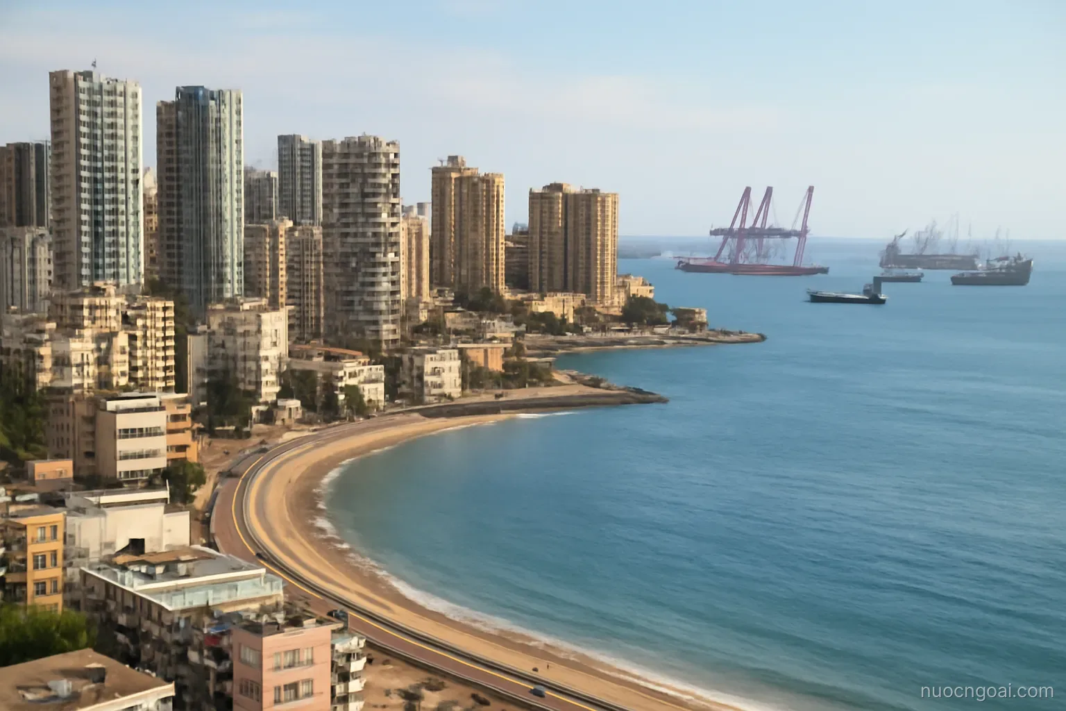 A coastal city of high-rise blocks behind a curved bay, cranes and cargo ships waiting offshore
