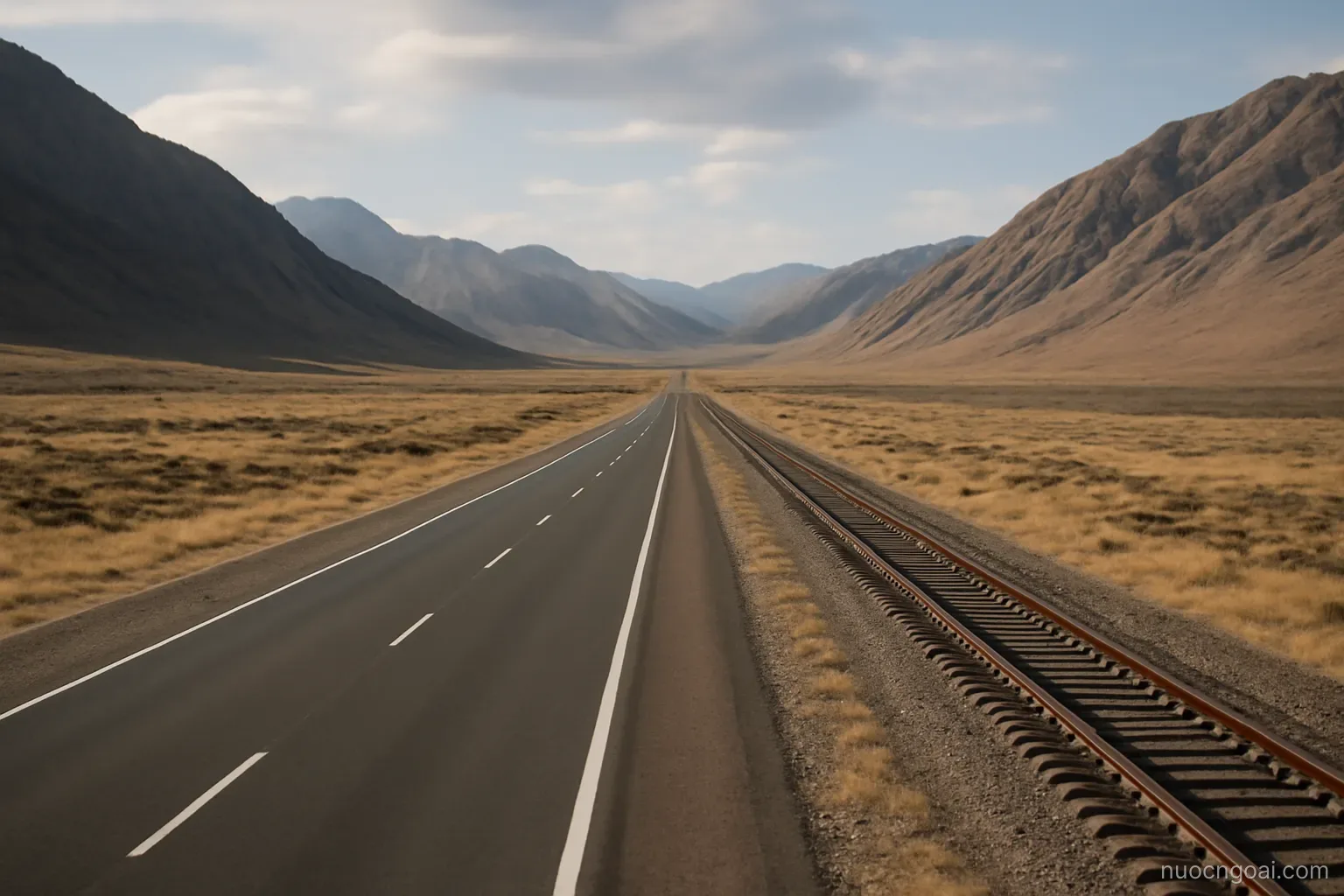 A wide valley floor between bare mountain ranges, a freight road and rail line running side by side