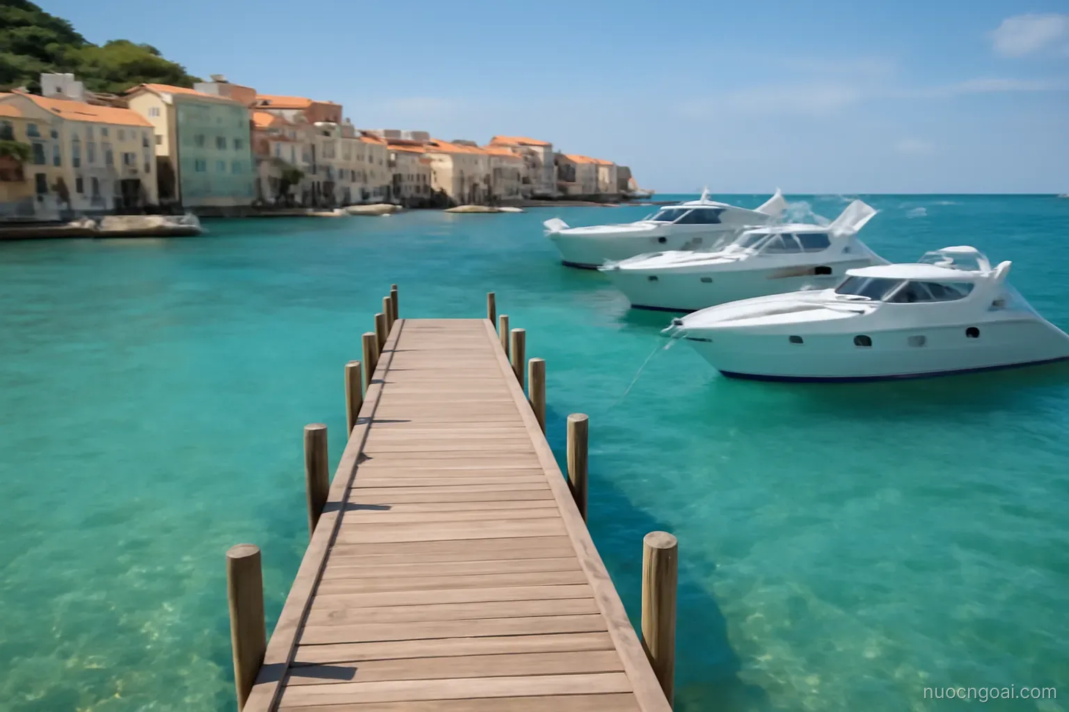 A cruise pier jutting into turquoise shallows beside a small pastel town, several white hulls berthed