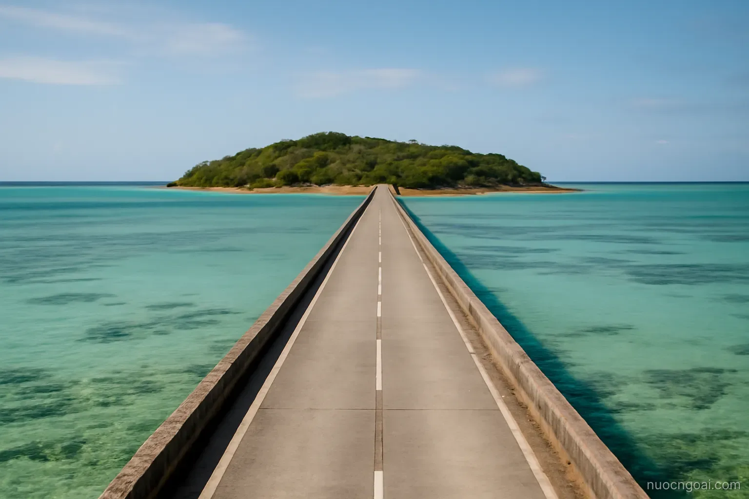 A low island skyline linked to the mainland by a long causeway across shallow turquoise water