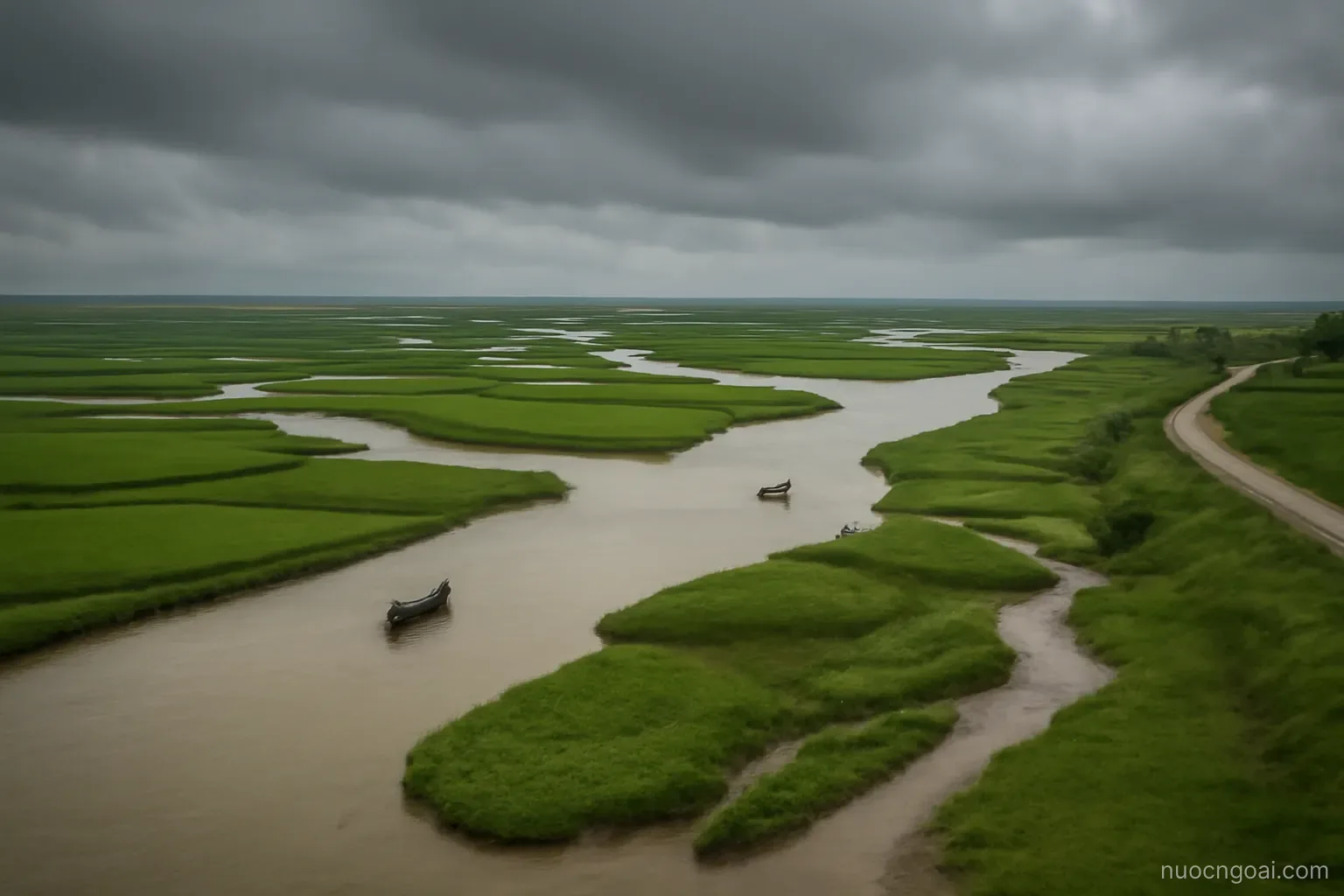 A low green delta split by wide brown channels, small boats and embanked roads under heavy monsoon sky