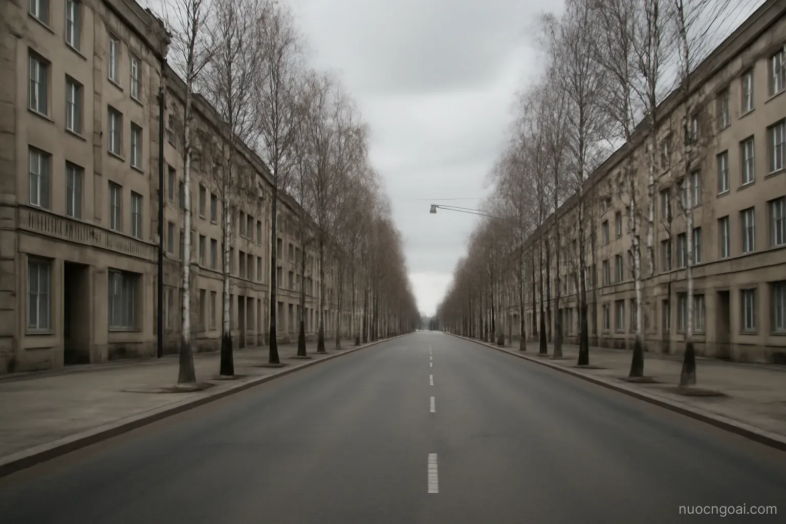 A broad avenue of mid-century stone buildings lined with birch trees under flat grey cloud