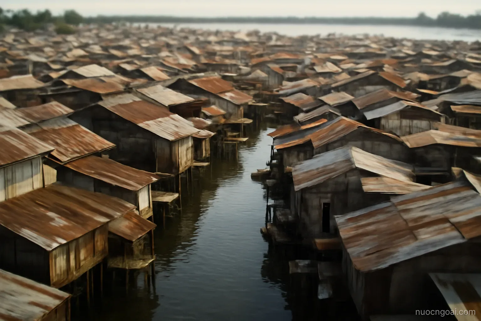 A dense market quarter of tin roofs beside a lagoon with narrow waterways threading between stilted buildings