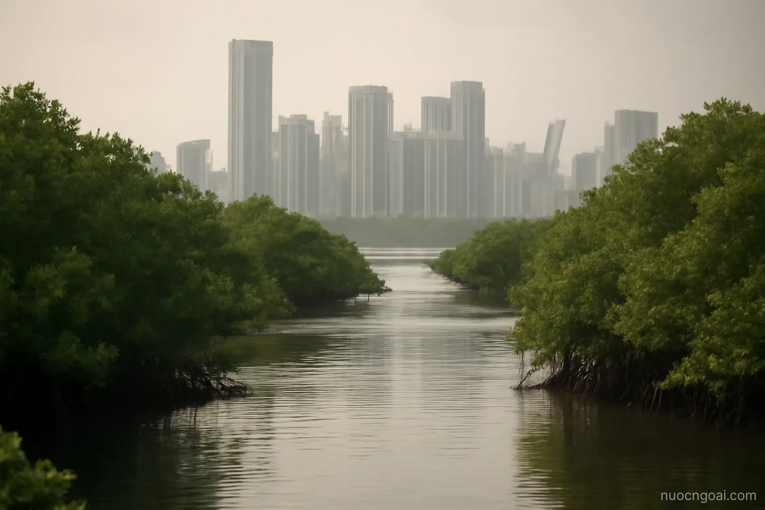 A lagoon city of mid-rise towers behind mangrove channels, cargo cranes on the far shore in humid light