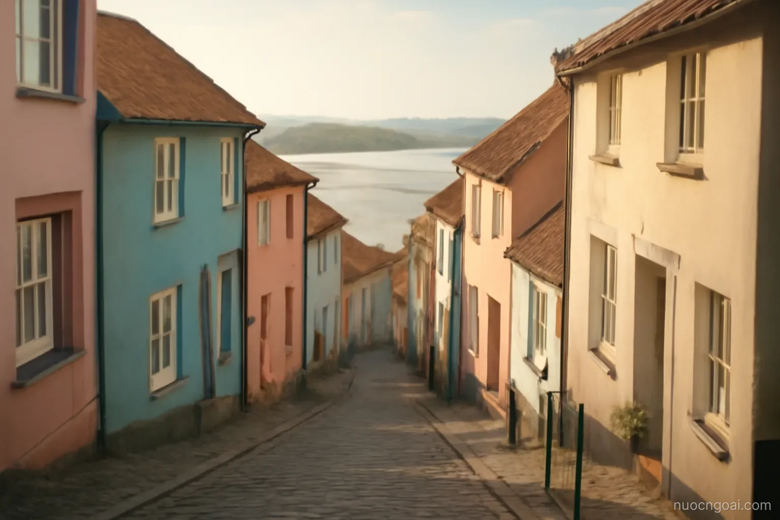 Steep narrow street of pastel tiled houses descending toward a wide river estuary under soft afternoon light