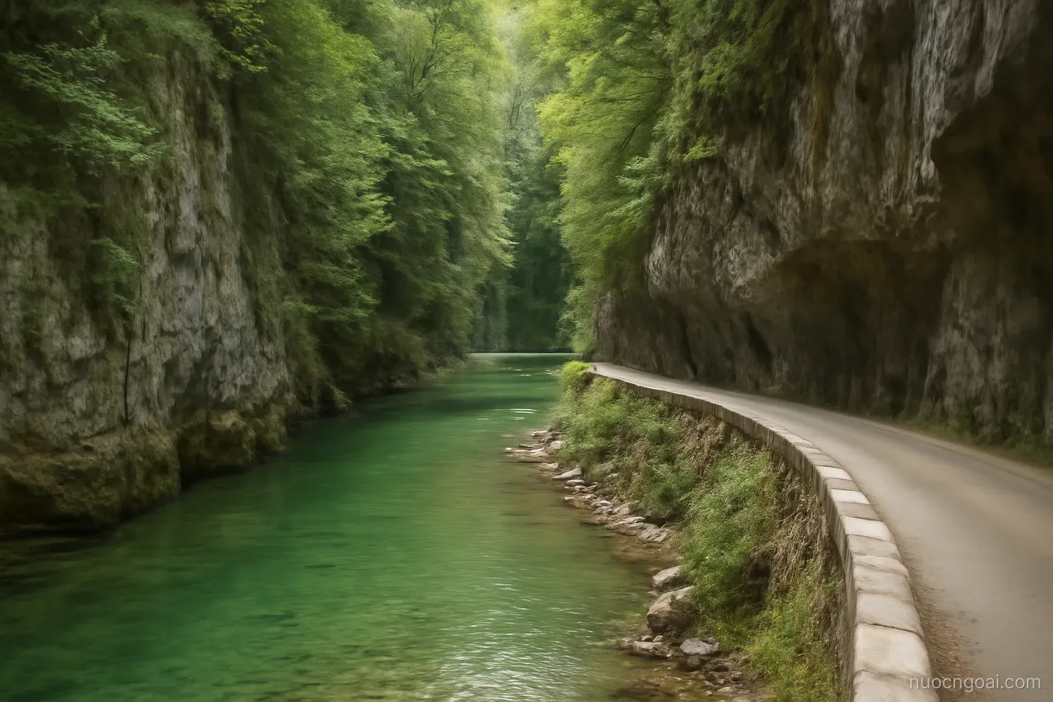 A forested limestone gorge with a clear green river and a narrow road cut into the rock