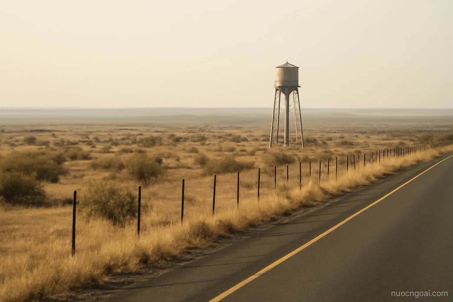 Flat thornveld stretching to a pale horizon, a fenced highway and a lone water tower in dry light