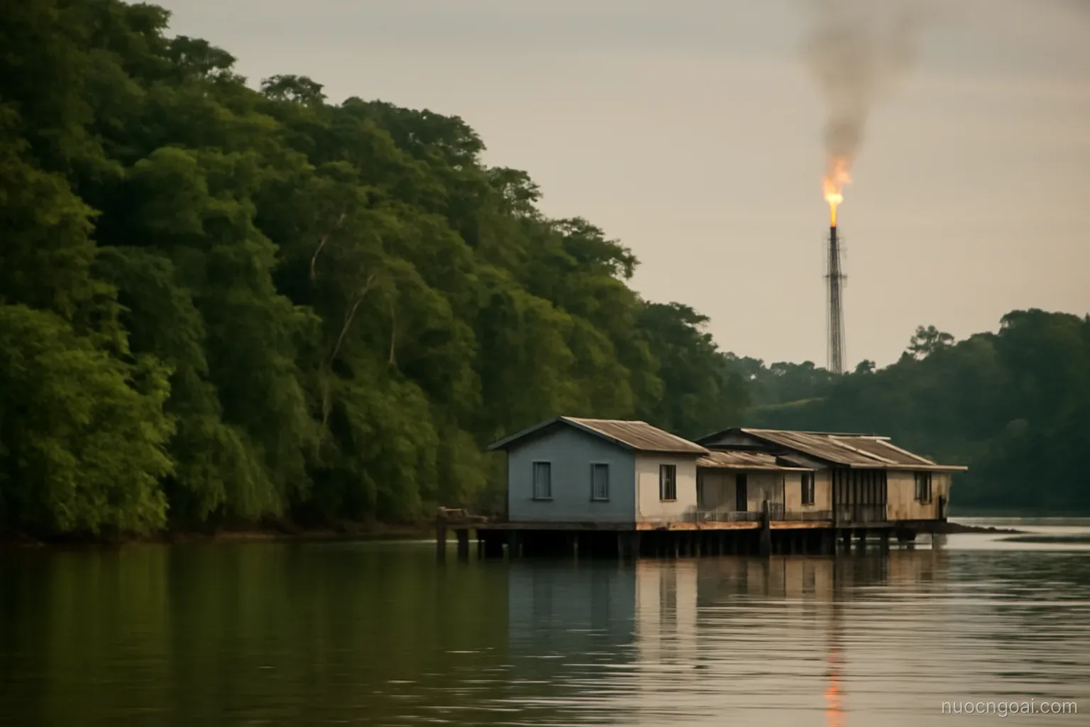 Low green rainforest meeting a calm river mouth, stilted waterfront houses and a distant refinery flare stack
