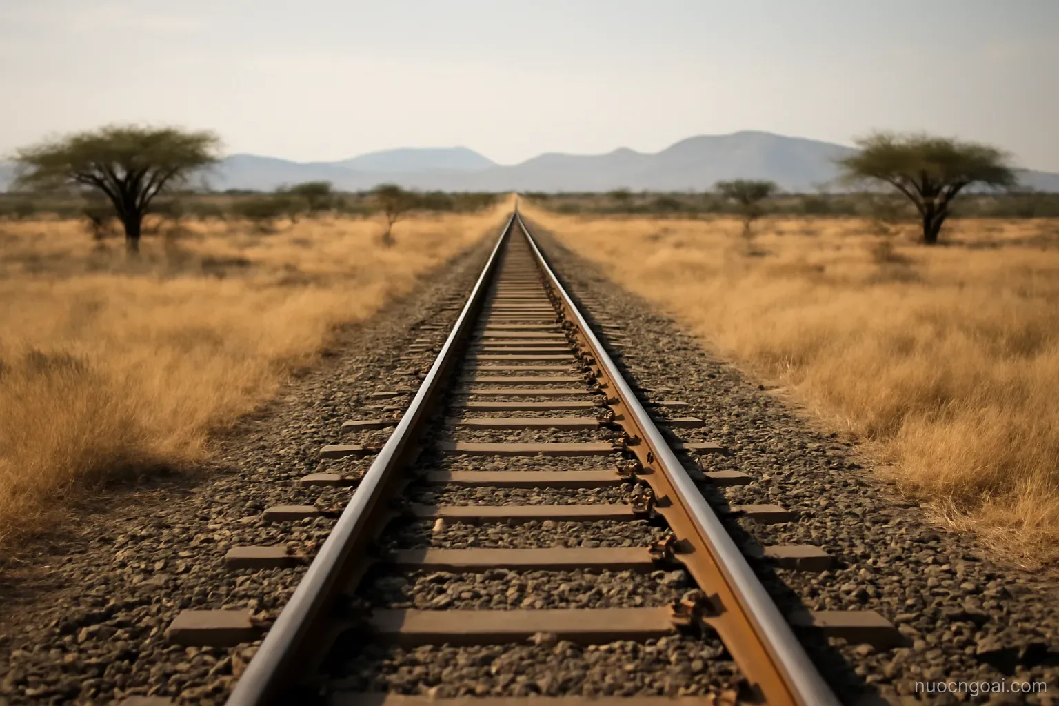 A single-track railway line running dead straight across dry savanna towards a distant line of low hills