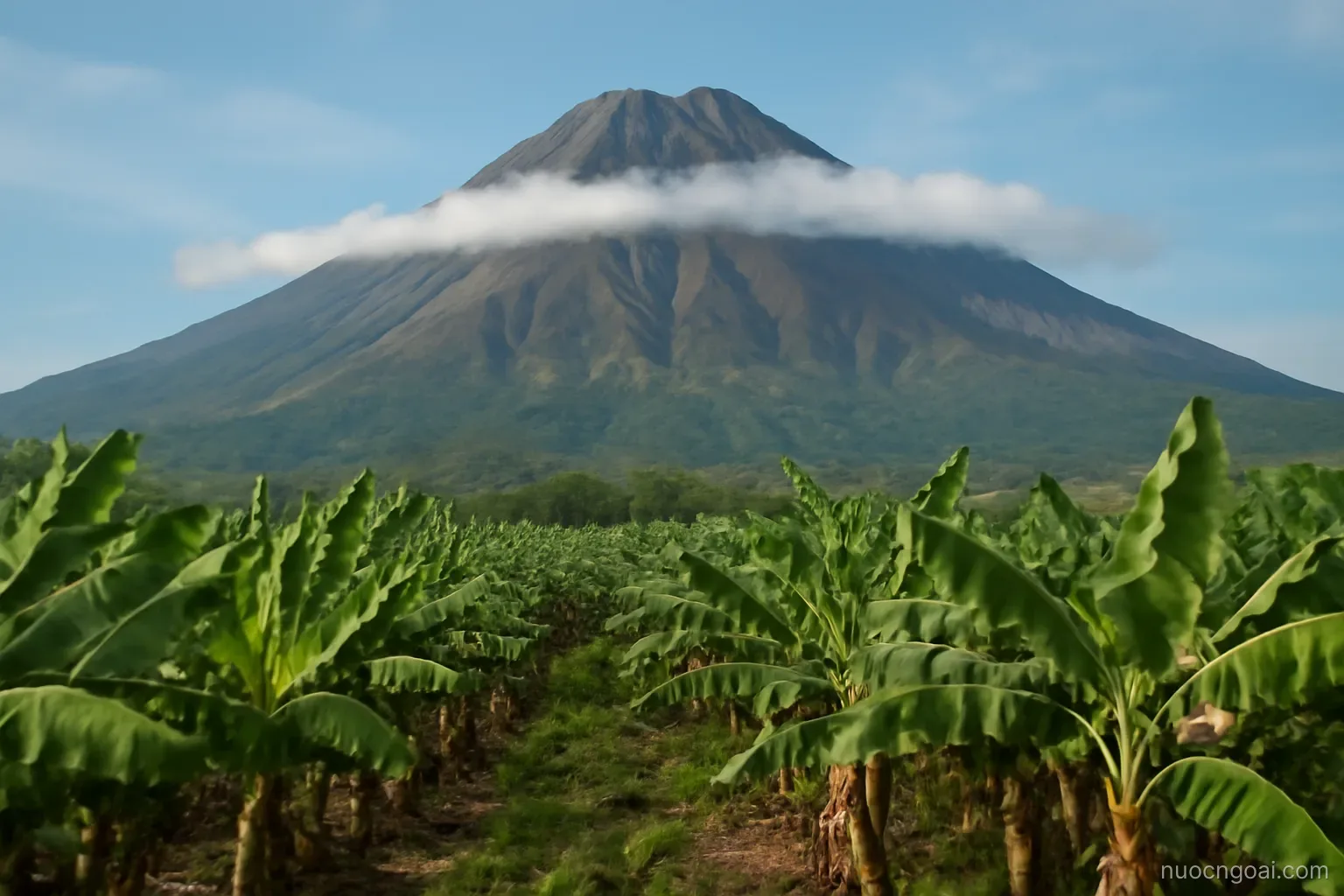 A volcanic massif rising behind a coastal plain of banana groves with low cloud caught on the upper slopes