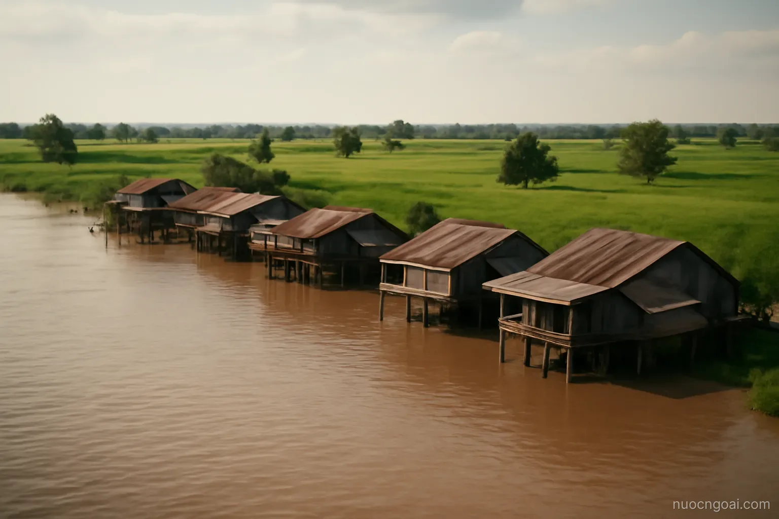 A wide brown river meeting flat green floodplain, stilted wooden houses along the bank in flat afternoon light
