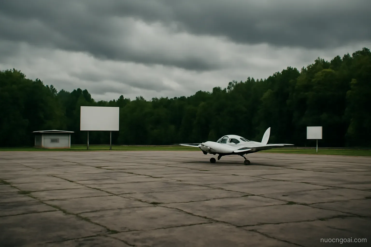 A small airport apron of cracked concrete surrounded by dense green forest under heavy cloud