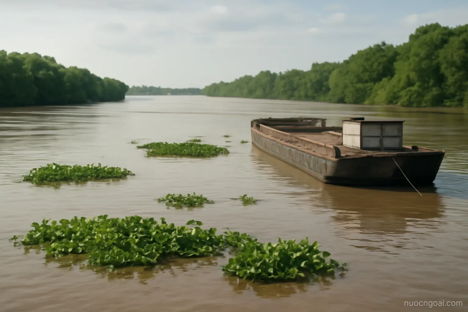 A very wide brown river with forested banks and floating islands of water hyacinth drifting past a moored barge