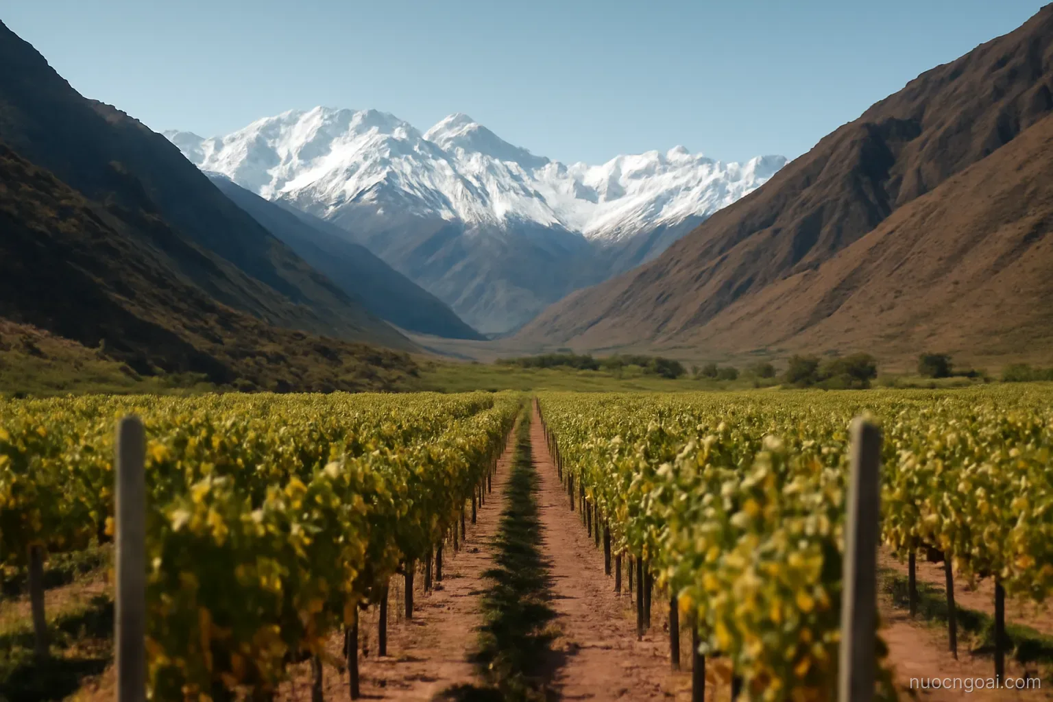 A narrow valley squeezed between snow-capped cordillera and dry coastal range, vineyards on the floor