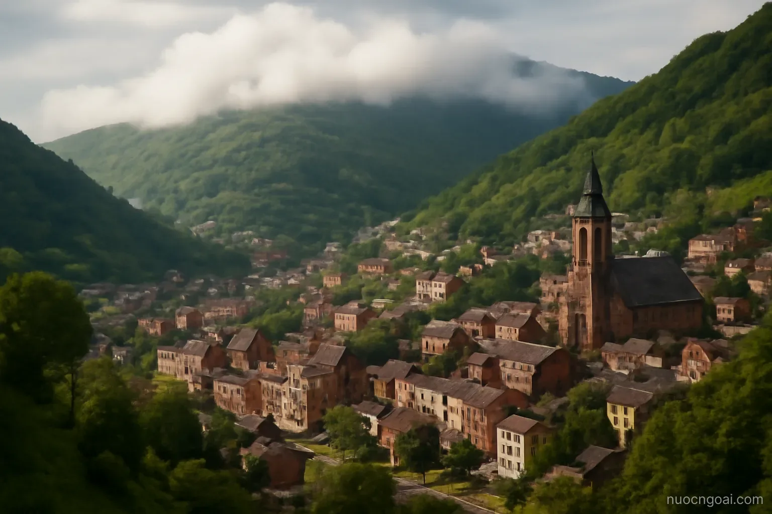 A green valley city climbing steep slopes, red-brick districts and cloud caught on the ridge above