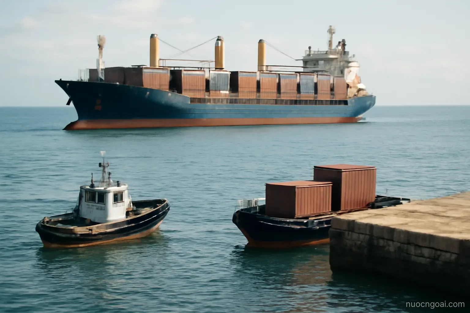 A cargo ship anchored offshore with small lighters shuttling crates toward a short stone quay