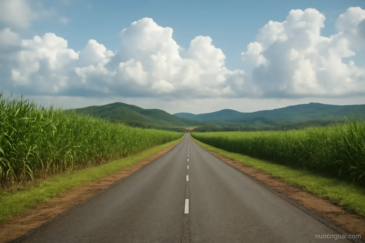 A wide coastal plain of sugar cane meeting low green hills, a straight road and distant cloud towers