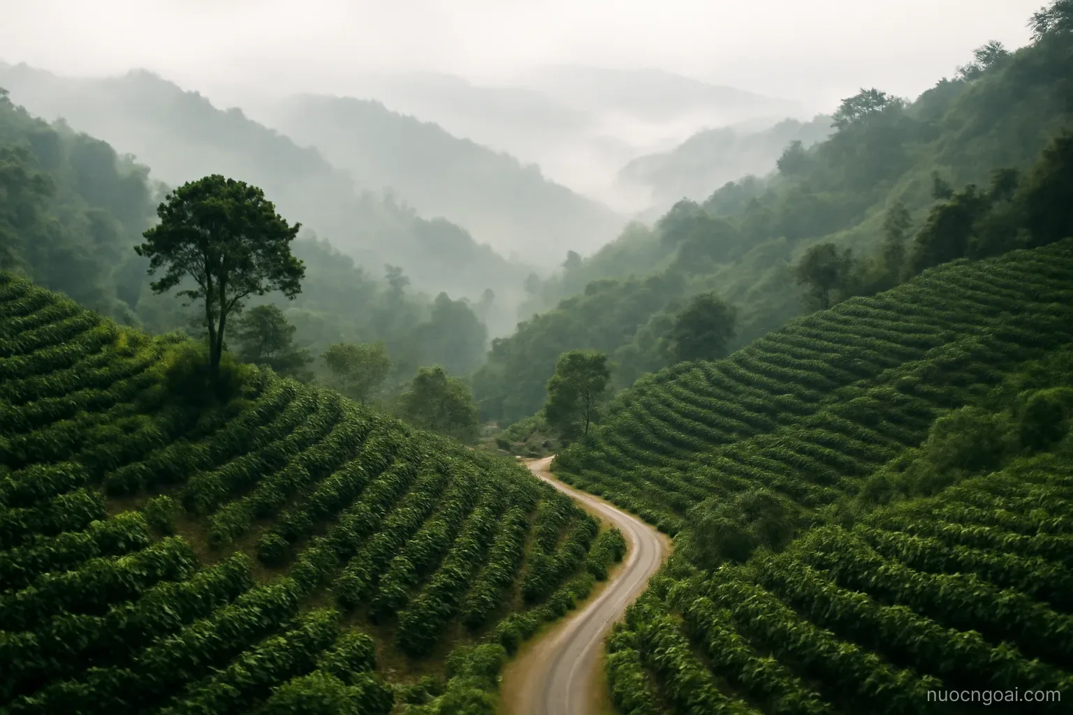 Cloud forest ridges layered in mist above coffee terraces, a narrow road winding between them