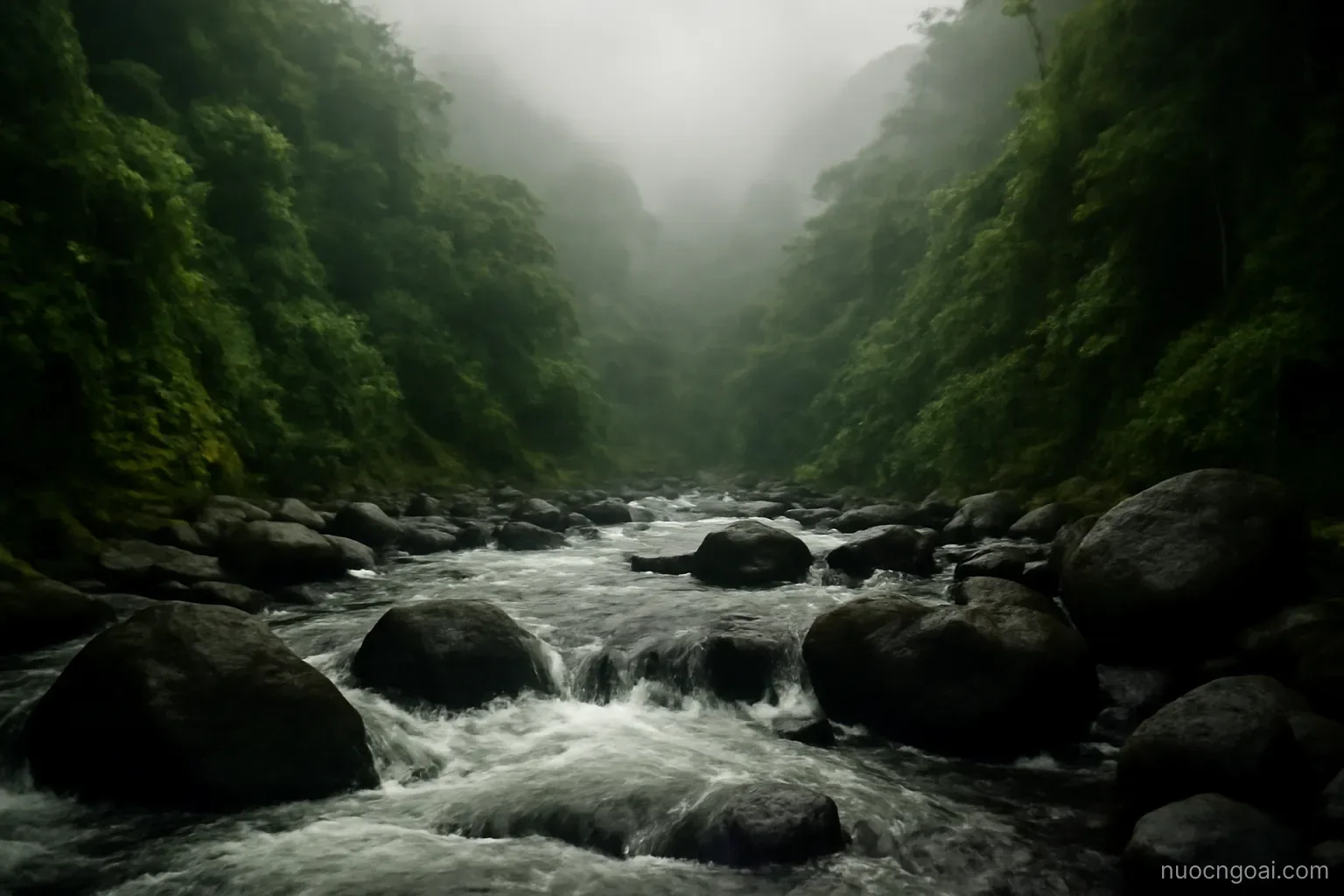 A rainforest gorge with a fast river running over black boulders under thick low cloud