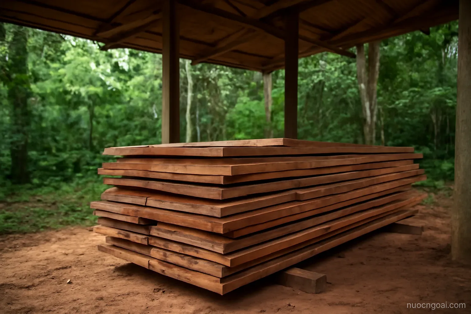 A stack of sawn hardwood planks under an open-sided shed at the edge of dense equatorial forest