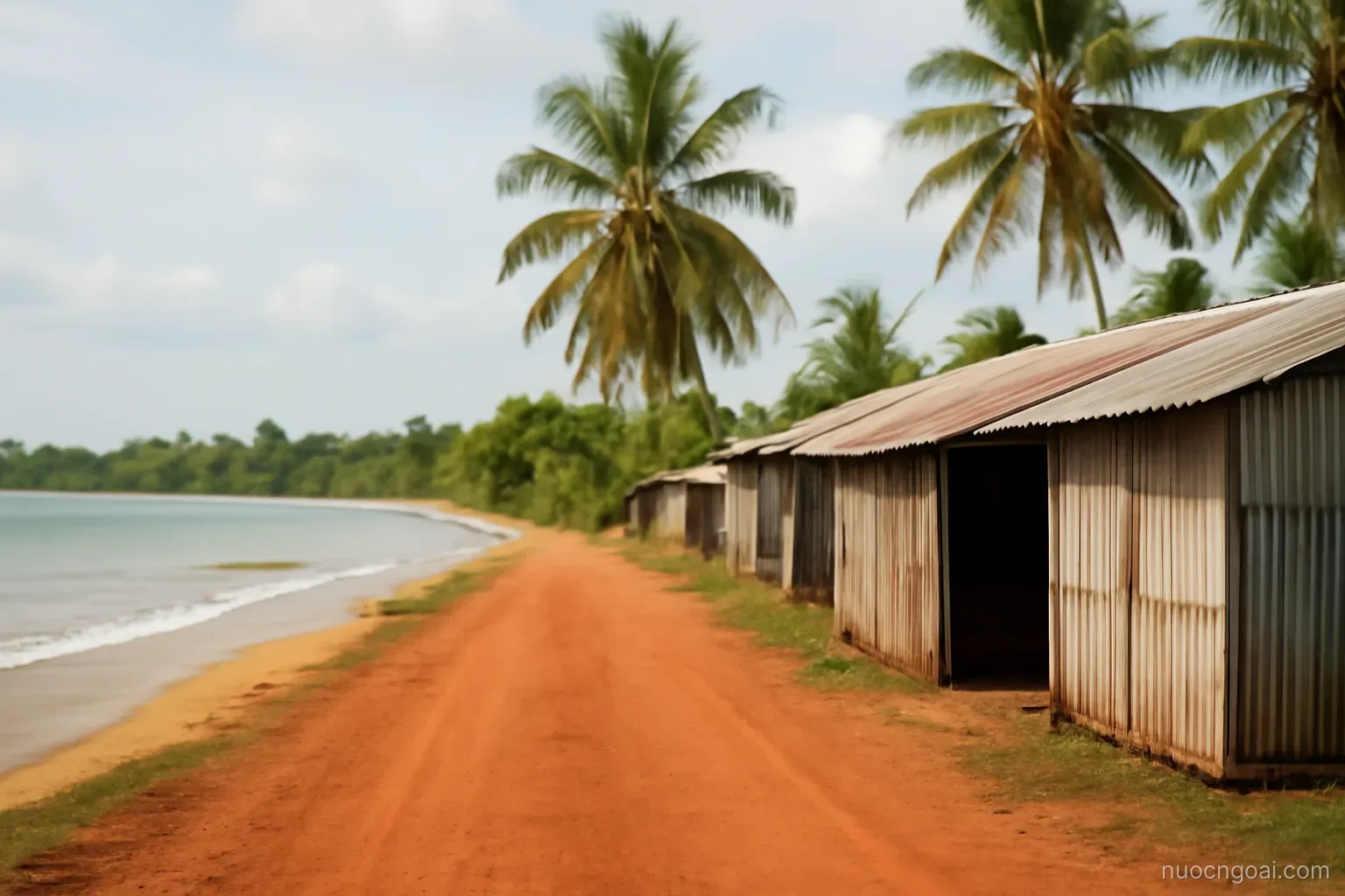 A coastal lagoon behind low surf, palms and tin-roofed workshops along a red laterite road