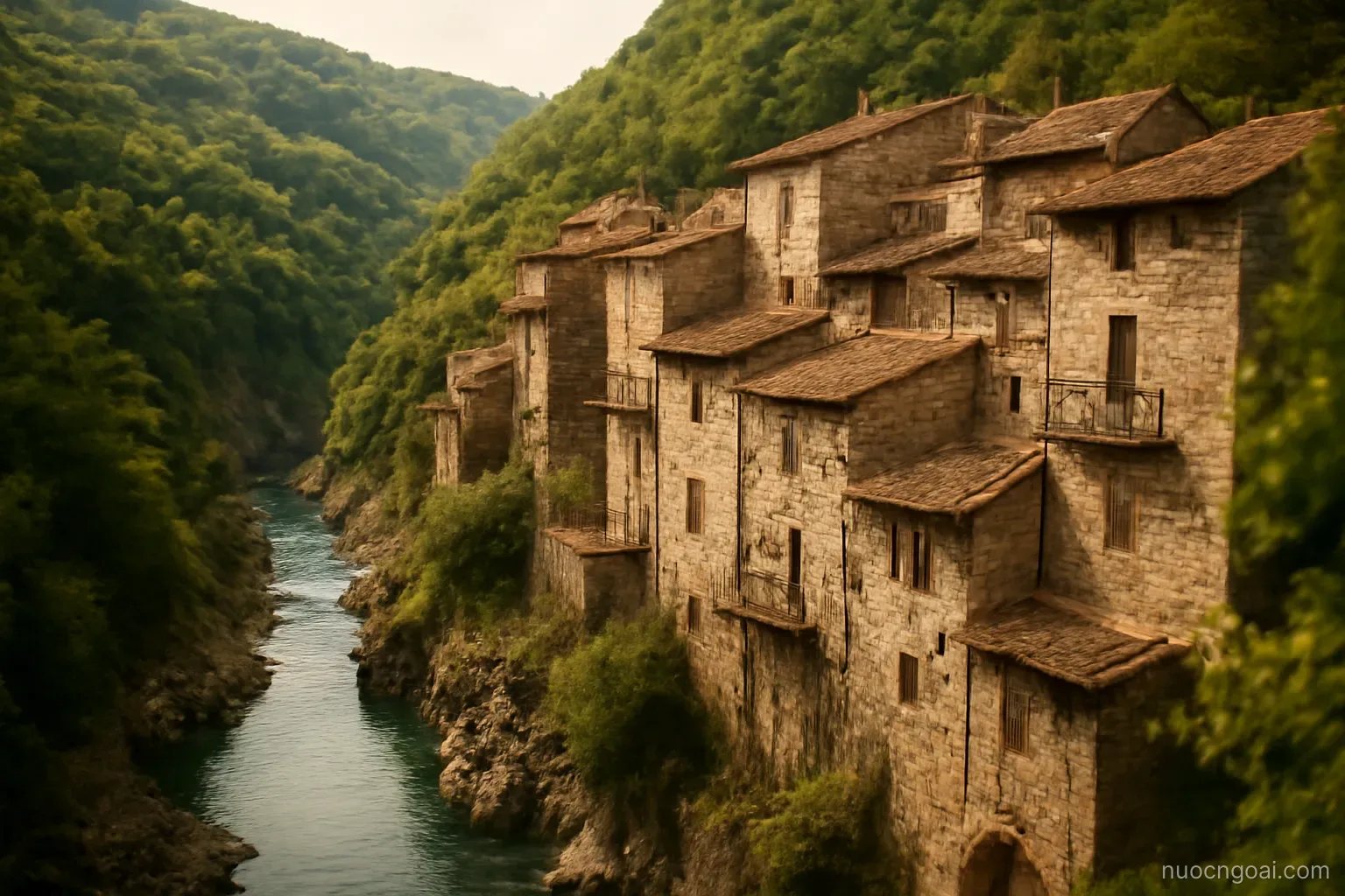 A stone old town wedged in a river gorge below wooded ridges, balconied houses stacked on the slope