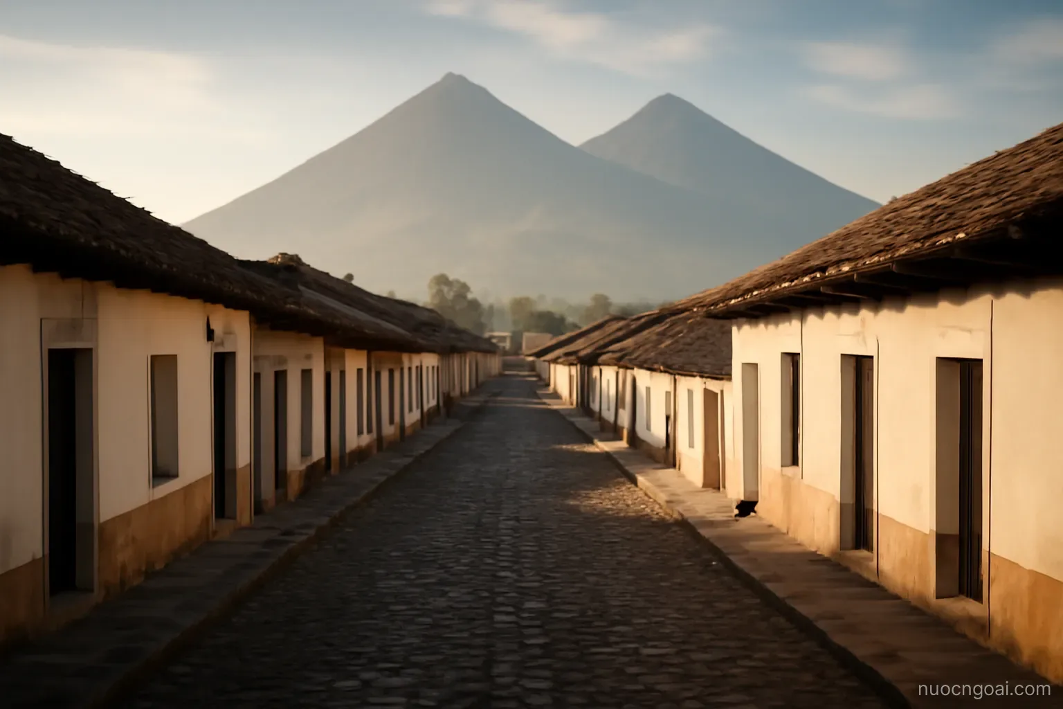 A colonial grid town of low tiled roofs under three volcanic cones, cobbled street in morning light