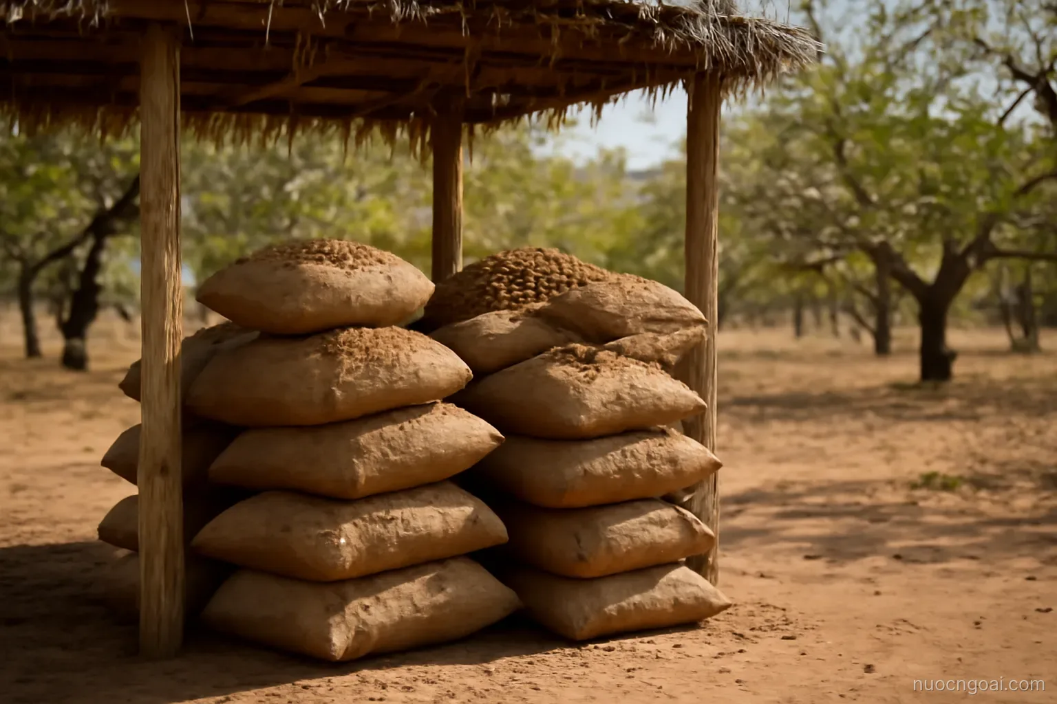 Sacks of harvested nuts stacked under a thatched open shelter at the edge of a dry cashew grove