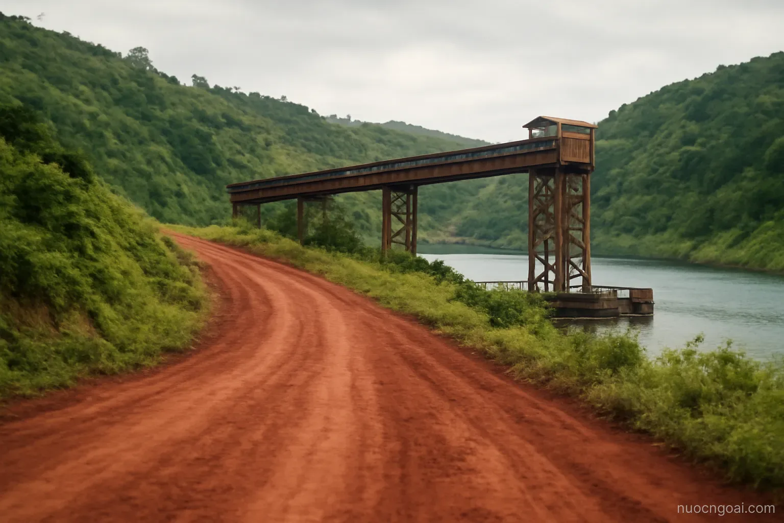 A red laterite haul road cut through green hills leading to a conveyor gantry above a river jetty