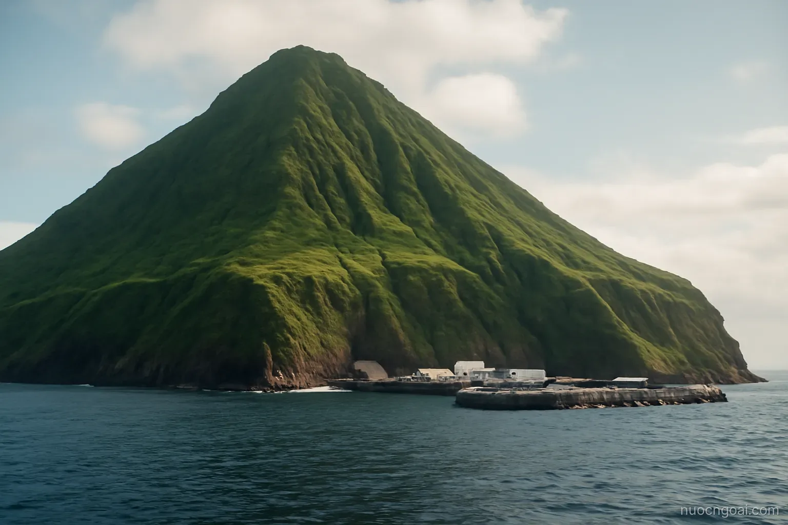 A green volcanic island seen from the sea with a sheltered harbour cut into the base of steep slopes