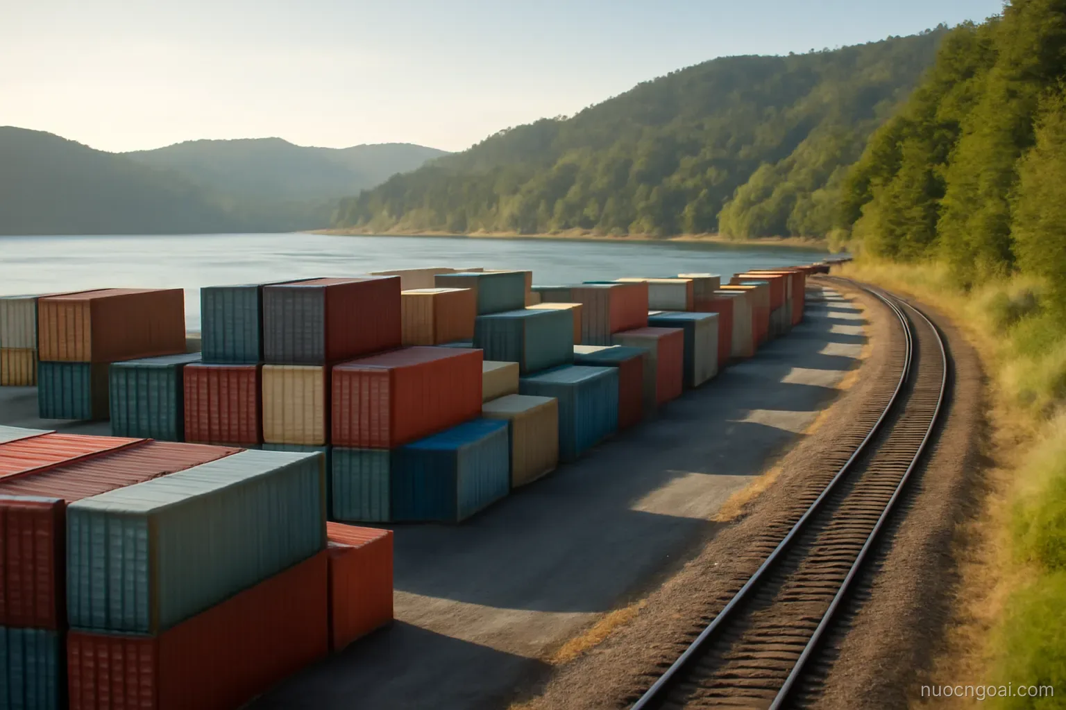 A container yard beside a warm-water bay, forested hills behind and a rail spur curving inland