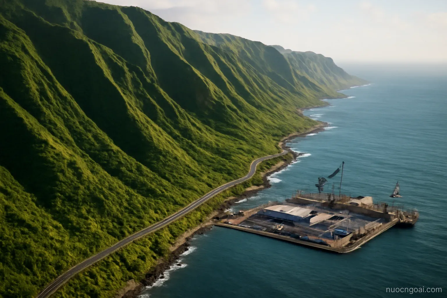 Green mountain ridges running down the middle of an island, a coast road and cargo docks below