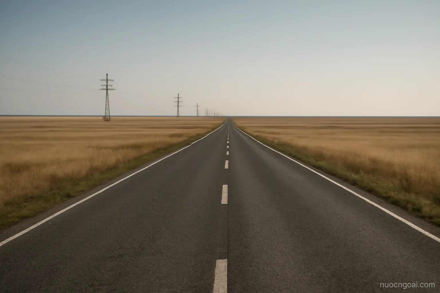 Endless flat steppe grass running to a low horizon, a single straight road and distant power pylons