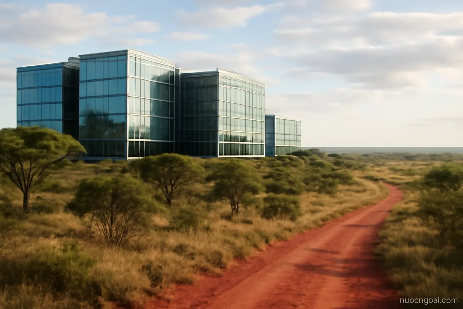 Glass office blocks on a high plateau edge, acacia scrub and red soil road running into open grassland