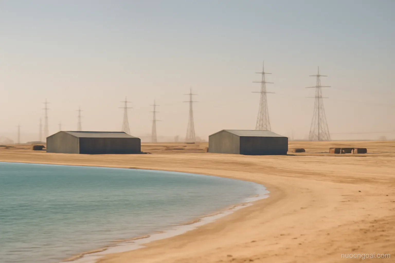 Flat desert meeting a shallow bay, low industrial sheds and a line of towers shimmering in heat
