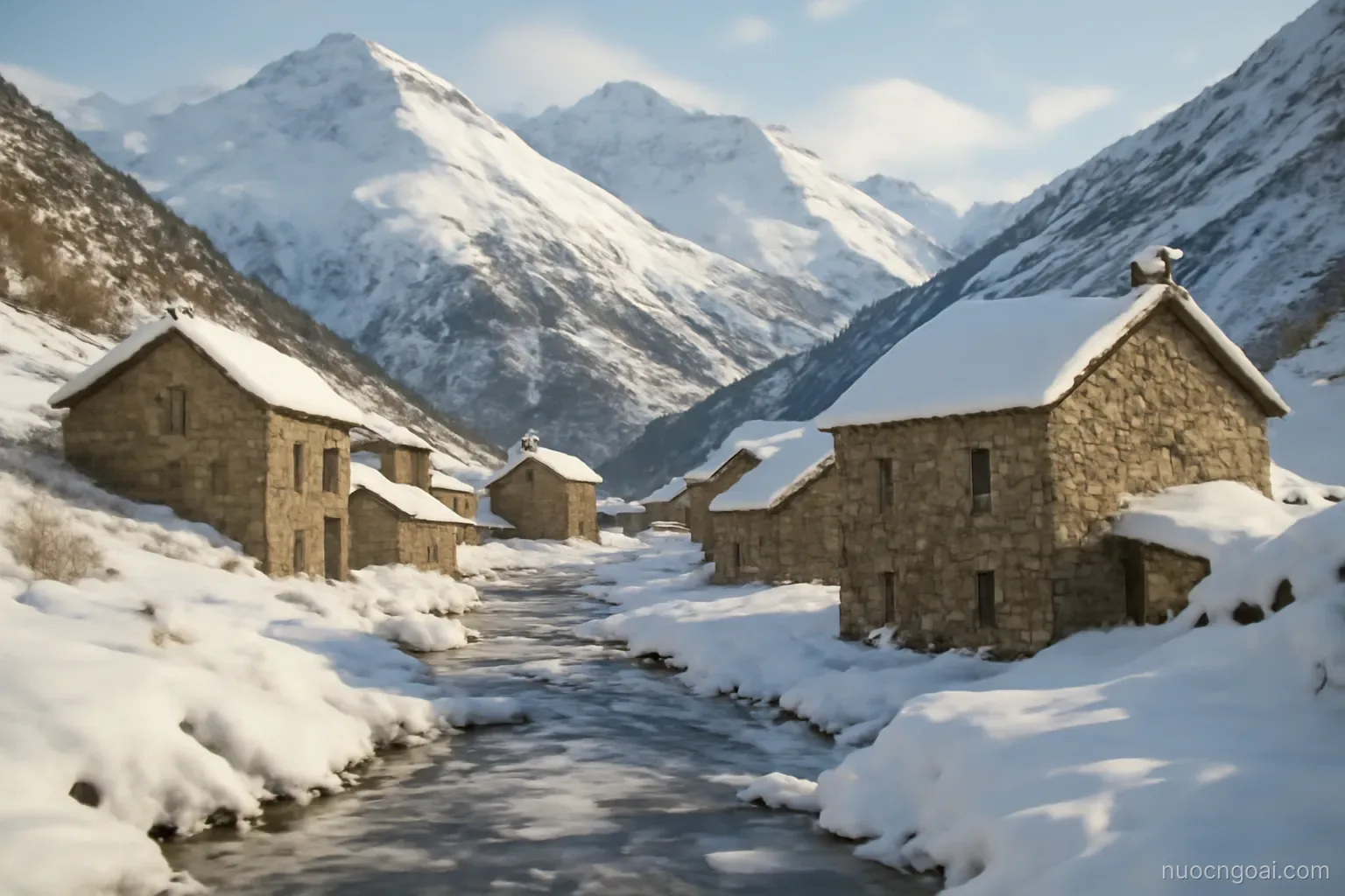 Snow lying on high rounded mountains above a stone village with a frozen stream in the valley
