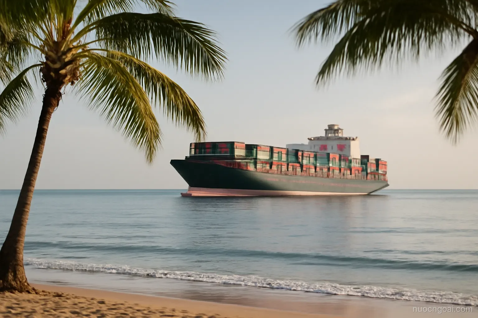 A container ship at anchor in calm coastal water seen from a palm-lined shore with low surf