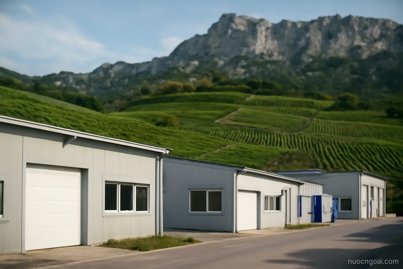 A small industrial estate of low clean workshops below vineyard slopes and a rocky alpine ridge