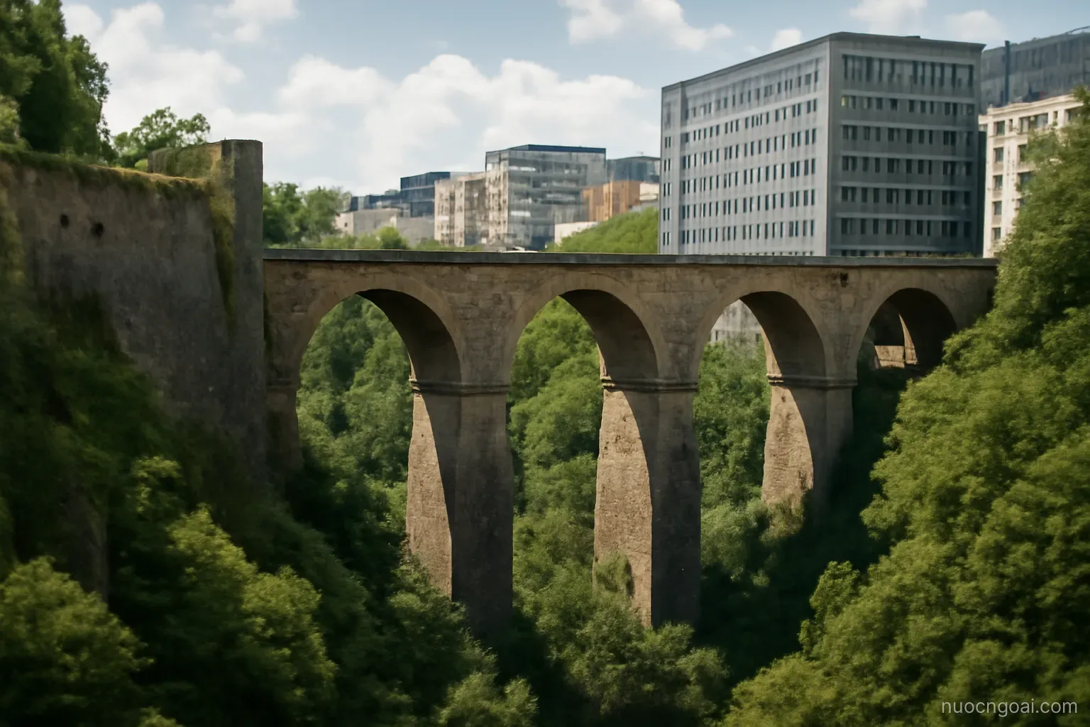 A stone viaduct spanning a deep green gorge between old ramparts and modern office blocks