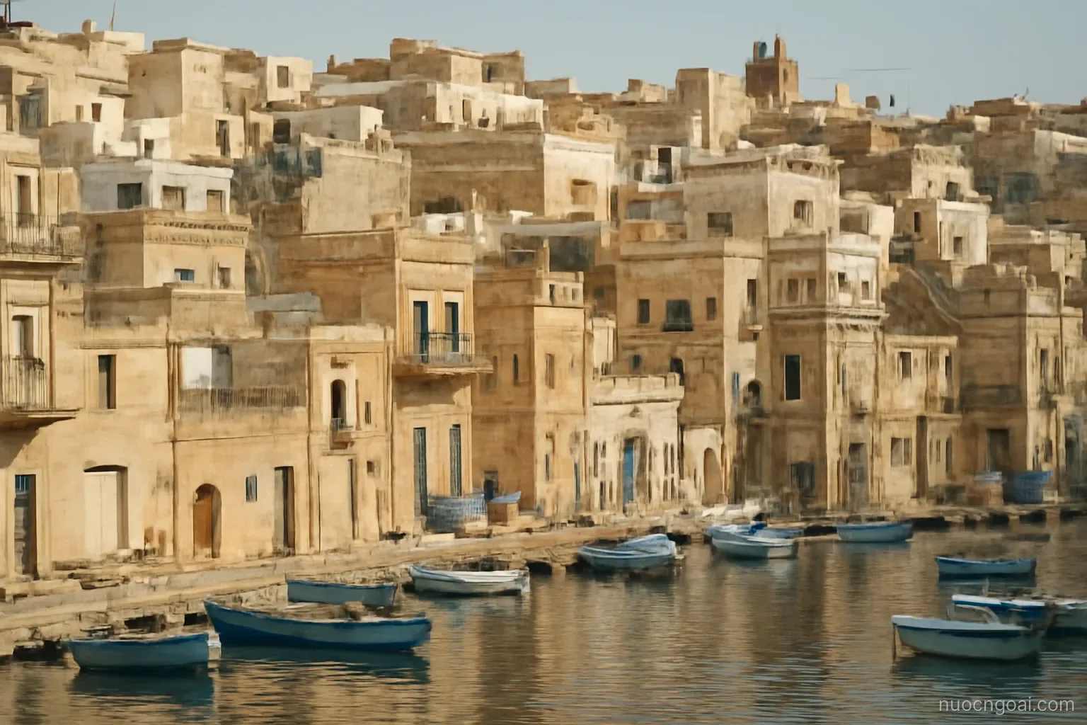 Honey-coloured limestone buildings packed along a narrow harbour, flat roofs and water tanks everywhere