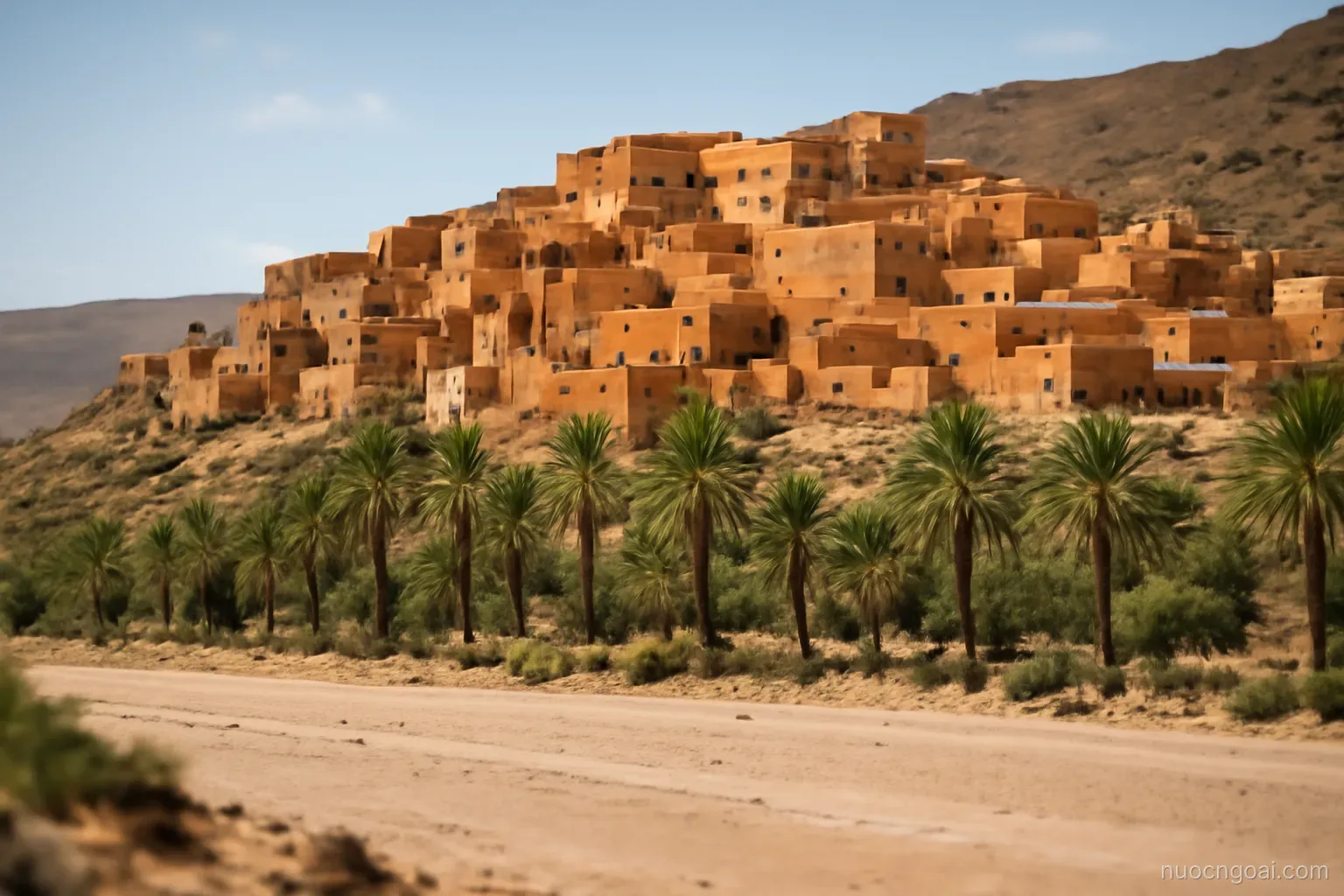Ochre low-rise blocks climbing a hillside above a wide plain, palm rows along a dry riverbed