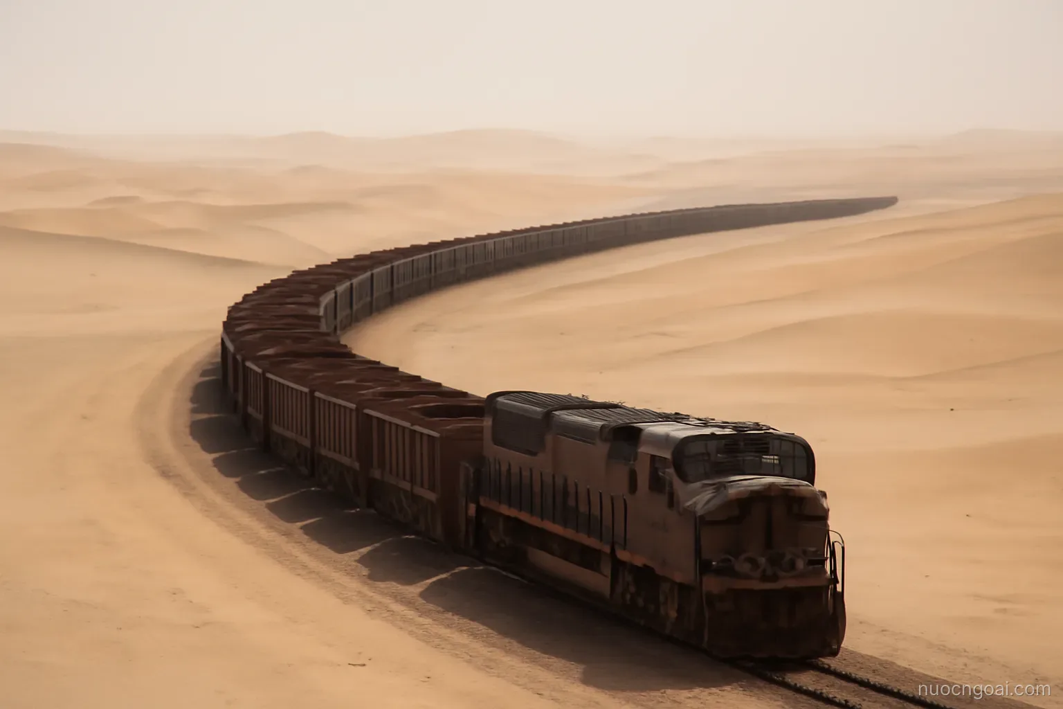 A very long iron ore freight train curving across pale desert dunes under a flat hazy sky