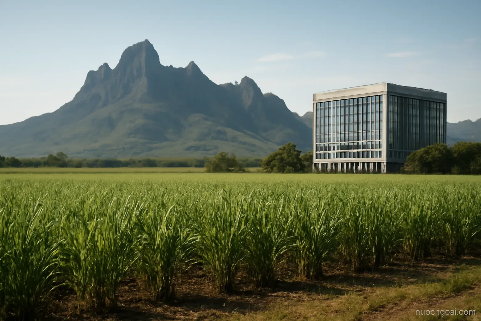 A sugarcane plain below jagged basalt peaks with a modern office block rising at the edge of the fields