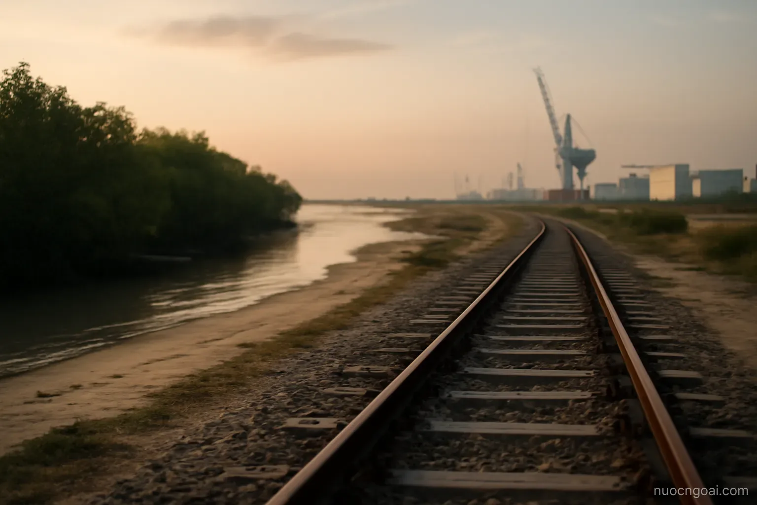 A long low coastline of mangrove and sand, rail tracks running inland from a working port at dawn
