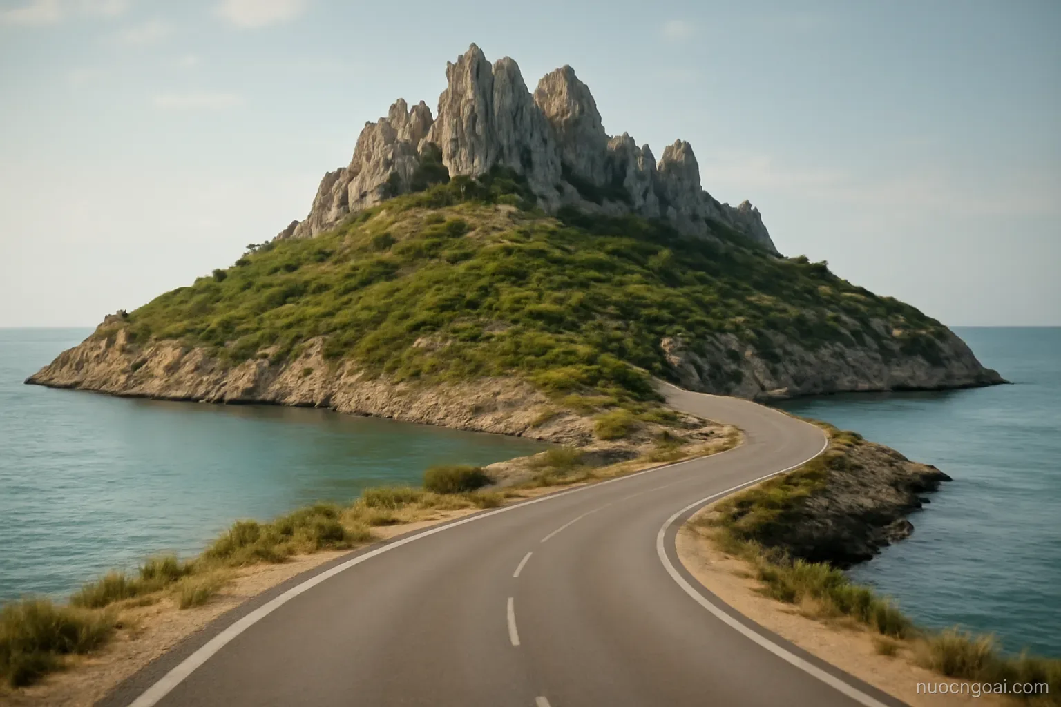 A single coastal road ringing a low island with pinnacled limestone ground rising in the interior