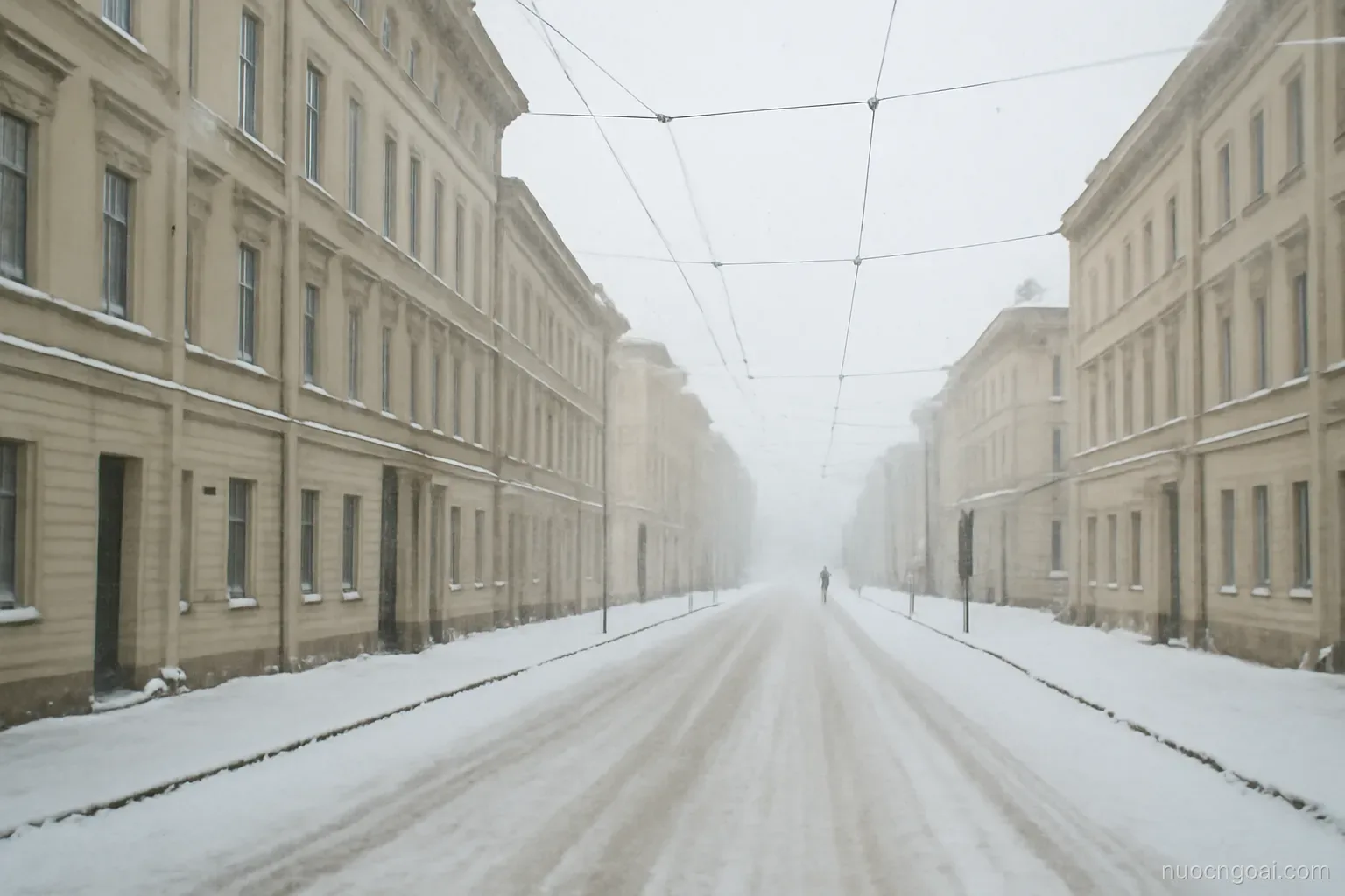 Wide boulevard of pale neoclassical blocks under heavy snow, tram wires crossing a white winter sky
