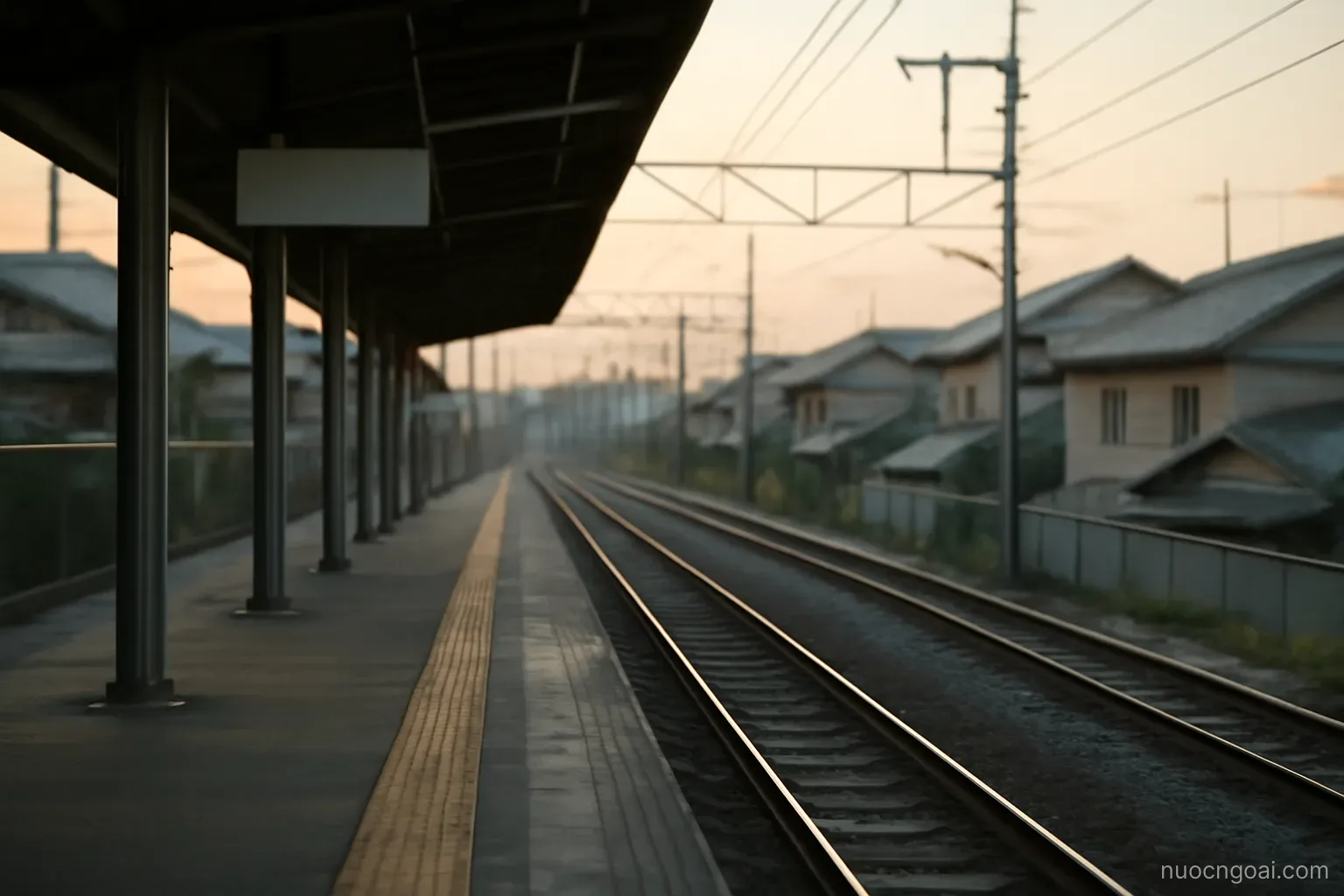 A quiet suburban train platform in Japan at dawn, empty tracks curving away between low tiled rooftops